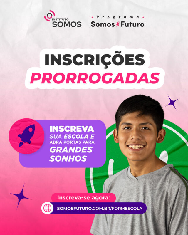 🚨🚨Inscrições Prorrogadas🚨🚨

Ainda dá tempo de abrir as portas da sua escola para grandes sonhos 🚀✨

O Programa Somos Futuro convida você a ofertar bolsas de estudo integrais para estudantes da rede pública com alto potencial acadêmico. 🎓🤓

Imagine o impacto de ter em sua escola alunos excepcionais, com habilidades únicas e um futuro promissor pela frente. 

Com o Somos Futuro, você oferece a bolsa de estudos para os 3 anos do ensino médio, e o Instituto SOMOS, acompanha o estudante desde o processo seletivo até formatura, oferendo todo o material didático e acompanhamento psicológico, para que juntos possam alcançar grandes sonhos 🚀

Não perca essa chance de fazer a diferença! Inscreva sua escola no Programa Somos Futuro e seja parte dessa transformação.

Saiba mais e inscreva-se em somosfuturo.com.br

#somosfuturo #institutosomos #bolsadeestudos #ensinomedio #impactosocial #educacaotransformadora #educação #educacaomudaomundo