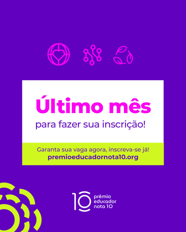 Atenção, educadores! As inscrições para a 27ª edição do Prêmio Educador Nota 10 estão abertas, e entramos no último mês para você inscrever seu projeto! 🌟

Se você é um educador comprometido em transformar a educação e impactar a vida de seus alunos, não perca essa oportunidade de compartilhar seu trabalho inovador e ser reconhecido pelo seu esforço e dedicação.

Acesse o site através do link na nossa bio para mais informações e inscreva-se agora. O prazo está acabando, então não deixe para a última hora!

Mostre ao Brasil como você está fazendo a diferença na educação básica. Inscreva seu projeto e seja o próximo Educador Nota 10!

Inscreva seu projeto agora mesmo!
Somos educadores, somos nota 10!

#PrêmioEducadorNota10 #EducadorNota10 #educadores  #educacao #escola #Somosnota10  #EducaçãoTransformadora #GenteQueInspiraGente